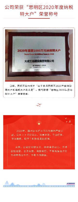 公司荣获“思明区2020年度纳税特大户”荣誉称号(图1)